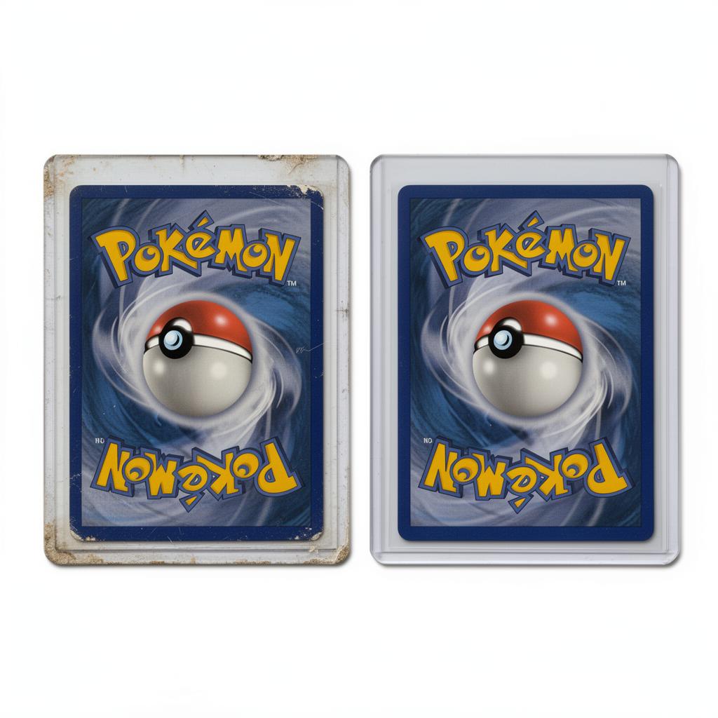 Före och efter — pokemonkort i raw skick jämfört med mint i sleeve